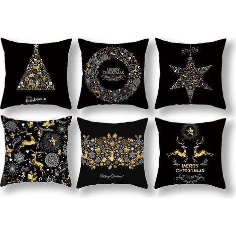 Juego de 6 fundas de cojín, 45x45 cm, estampado navideño, felpa, negro y dorado, decoración para salón. (1/5)