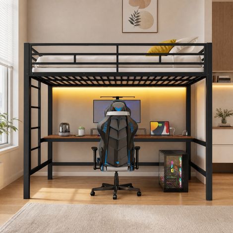 Letto a soppalco 90 x 200 cm con scrivania, scala, sponde, LED e prese, metallo nero HAVRYA (1/5)