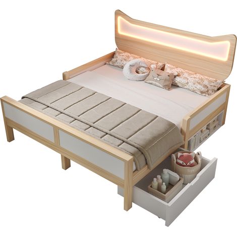 Lit enfant 140×200 cm avec tête de lit oreilles de chat et éclairage RGB-LED, sommier à lattes, tiroir flexible et compartiment de rangement montables à gauche/droite, barrières de sécurité pour enfan