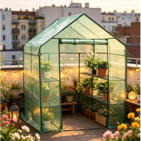 Invernadero de jardín 143x143x195 cm de acero y PE verde con puerta con cremallera - MEUBLIV (1/5)