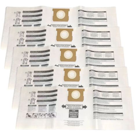 Lot de 5 sacs à poussière de rechange pour aspirateur HARTT SS, aspirateur eau et poussière en acier inoxydable de 5 à 8 gallons (19 à 30 litres), modèles VOC608S 3702 / VOC812SF 3701 / VOC608S 3703 (1/5)