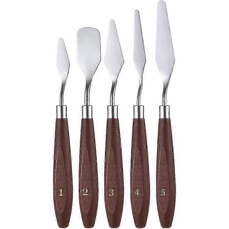 Palette de peinture artiste 5 pièces, couteau à mélanger en acier inoxydable et bois, spatule pour huile et acrylique, kit d'outils de mélange. (1/3)
