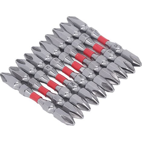 Jeu de 10 embouts cruciformes magnétiques en acier allié, anti-rouille et résistants à l’usure, 1/4in pour visseuse électrique, usage industriel, longueur 65mm / 2,56in. (1/5)