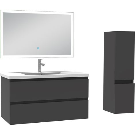 Ensemble meuble de salle de bain 100cm, vasque céramique + colonne + miroir lumineux, anthracite (1/5)