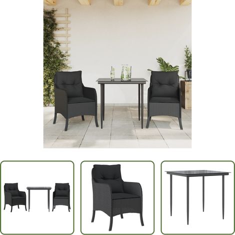 vidaXL Gartentisch - 3-tlg. Garten-Essgruppe mit Kissen Schwarz Poly Rattan (1/5)