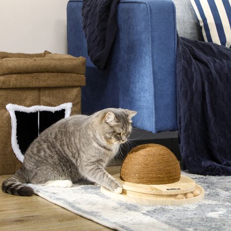 Jouet interactif pour chat - surface à griffer - 39,5 x 32,5 x 14,5 cm - bois de pin - piste ovale en marbre