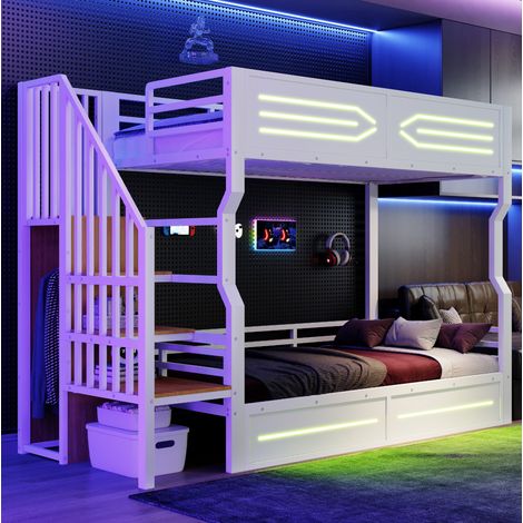 Letto a soppalco 90x200 cm bianco in MDF e metallo con scala contenitore (1/5)