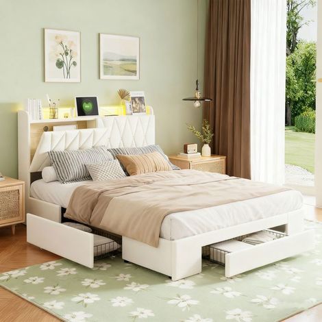 Letto matrimoniale 140x190 cm - POCKETPOP - 3 cassetti - USB e LED integrati - Rete inclusa
