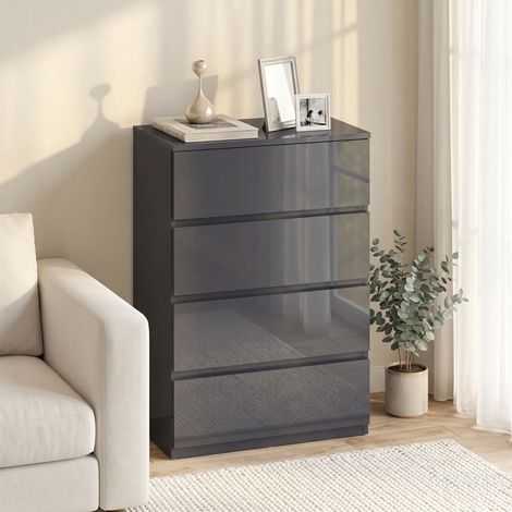 Commode 4 tiroirs 55x34x80 cm, haute brillance, fermeture douce et silencieuse, gris. Design contemporain et confort d'utilisation au quotidien. (1/5)