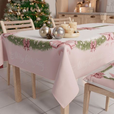 Nappe de Noël Anti-Taches Carrée, Couvre-Table, Cuisine, Motif Noeud Rose X4 Places (140 x 140 cm) 100% fabriquée en Italie (1/5)