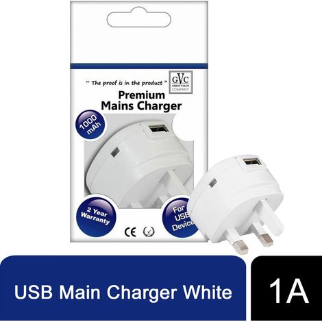 GVC Premium Mains Eco - Friendly Charger For all USB Device - 1 A, White