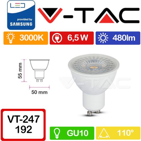 V-TAC PRO VT-247 Faretto LED GU10 con Chip Samsung 6,5W 110° Bianco caldo - 3000K