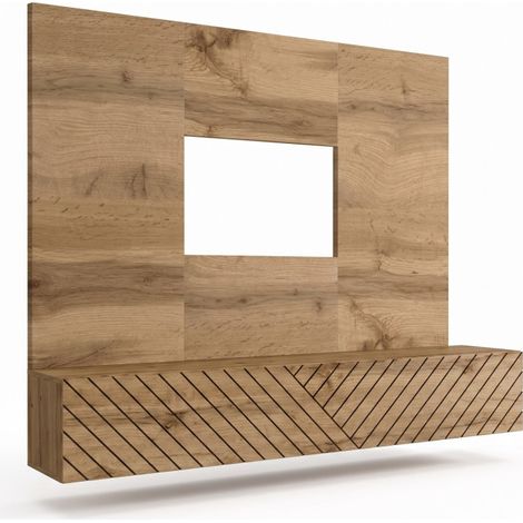 Ensemble meuble TV mural Switch PR1 - Bois MDF décor noir et chêne Wotan - 180 x 148 x 40 cm - Livraison gratuite (1/2)
