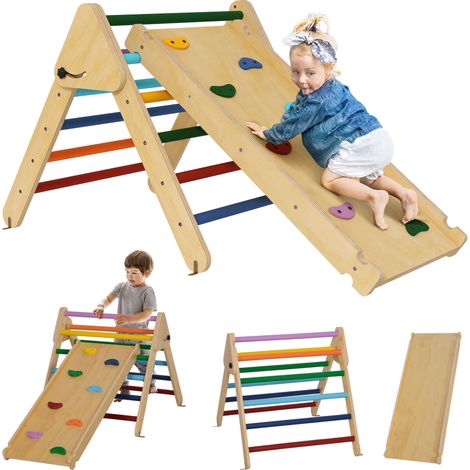 Triangle d’escalade en bois 3 en 1 pour glisser ou grimper 147x64,5x63 cm Multicolore avec rampe (1/5)