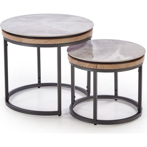 Conjunto mesa de centro Houston 2046 , 48x0x0cm, Diámetro: 54, Piedra sinterizada, MDF, Redonda