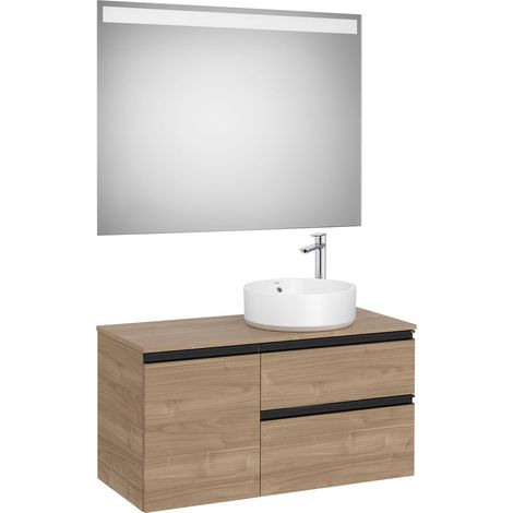 Pack meuble "The gap" 1000 pour vasque à droite - 2 tiroirs + 1 porte + plan + miroir LED - noyer/poignées noires - Roca (1/2)