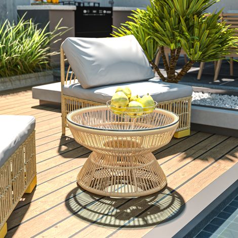 Table basse de jardin ronde. table d'appoint en résine aspect rotin et plateau verre trempé Ø60 x 37H cm