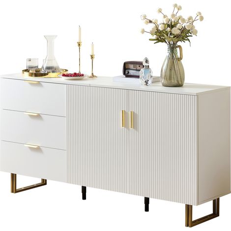 Buffet de rangement blanc moderne à deux portes et trois tiroirs, en MDF, avec poignées dorées en alliage d’aluminium et pieds en acier, 160 cm, CHICFURN (1/5)