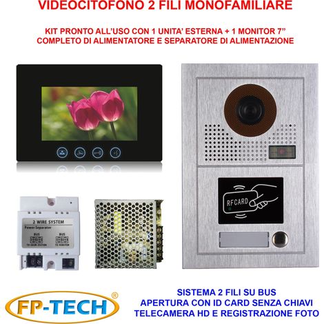 VIDEOCITOFONO 2 FILI 1 2 3 4 MONITOR LCD TOUCH FAMILIARE BIFAMILIARE CONDOMINIALE TELECAMERA (Kit Monofamiliare Completo)