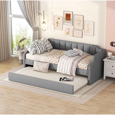 Tagesbett mit Ausziehbett, Holz und Baumwoll-Leinen, Grau, 90x200/90x190 cm (1/5)