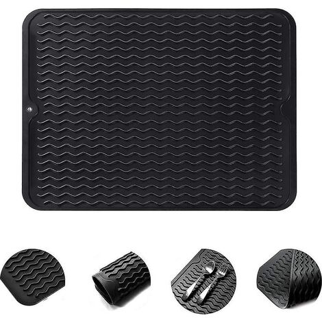 Tapis de vaisselle en silicone alimentaire, surface antidérapante, multifonctionnel, séchage rapide, pour plans de travail et éviers de cuisine. (1/5)