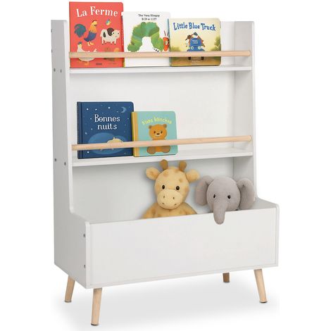 Scaffale per bambini Relaxdays per libri, 2 ripiani, ampio vano, H x L x P: 94 x 68 x 32 cm, bianco/naturale