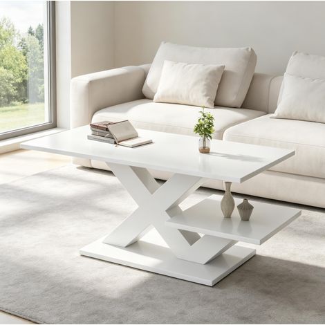 Table basse blanche en MDF à double plateau et pieds géométriques en X, 100 x 48 x 45 cm (1/5)