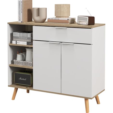 Meuble buffet cuisine blanc – 1 tiroir, 1 placard double porte, 3 étagères réglables – 95x35x85 cm – Fonctionnel et élégant (1/5)