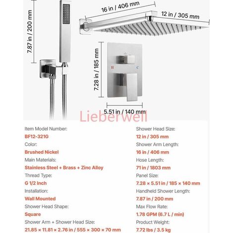 12in Rain SucceBuy Square Shower System, Wall Mounted Bathroom Shower Set with Rainfall Head, Handheld Shower, Polished Stainless Steel, Nickel Finish (1/5)