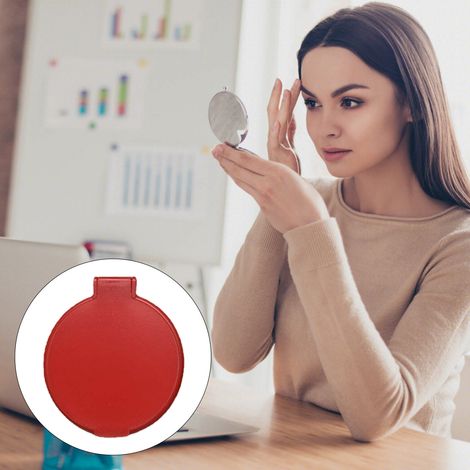 Miroir de poche rond pliable en plastique, rouge, portable et compact. (1/5)