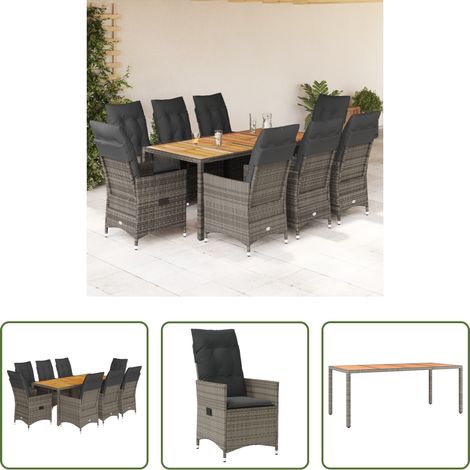 Gartentisch - 9-tlg. Garten-Essgruppe mit Kissen Grau Poly Rattan (1/5)