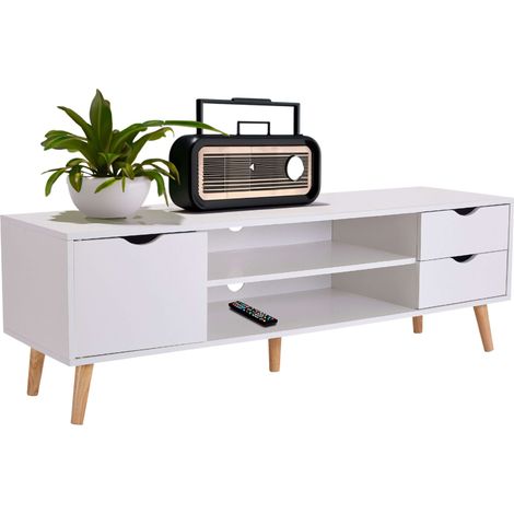 Mueble de Tv Fiana para Salón Comedor en Estilo Nórdico en Color Blanco y Roble con 2 Cajones , 1 Puerta y 1 Estante Central 140x46x40 cm