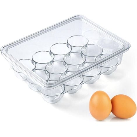rangement oeuf frigo, récipient de stockage dœufs à 12 compartiments, distributeur dœufs en plastique avec couvercle, porte-œufs transparent empilable pour réfrigérateur, 22 x 17.5 x8 cm (1/4)