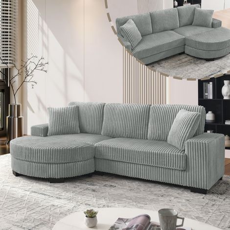 4-Sitzer L-förmiges Ecksofa in Grau, klassischer Cord, modulares Design mit ovalem Hocker, 2 Kissen inklusive, ideal für das Wohnzimmer