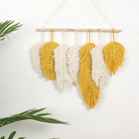 Tapisserie murale en macramé faite main, ornée de plumes de coton et de feuilles tissées, pour tête de lit, porte ou porche. Style bohème. (1/4)