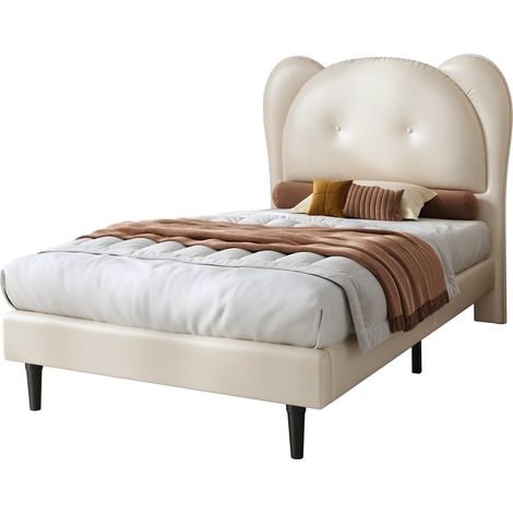 Lit rembourré enfant 90x200 cm avec tête de lit en forme d’animal, cadre en fer stable, sommier à lattes robuste et revêtement en cuir régénéré beige - CHICFURN (1/5)