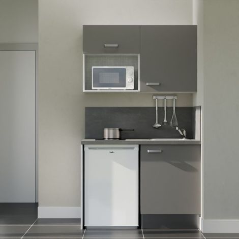 Kitchenette K07 Gris - Plan de travail Gris béton - Crédence : Oui - Evier Inox