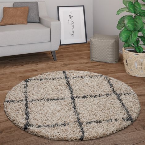 Paco Home Hochflor Teppich Rund Wohnzimmer Moderner Shaggy Langflor Skandi Rauten 200 cm Rund, Beige-Anthracite