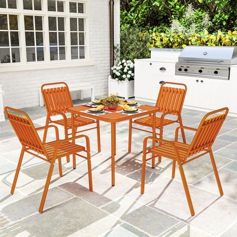 Table de jardin extérieure avec 4 chaises empilables. plateau à lattes 80 cm. structure en acier anti-rouille. orange