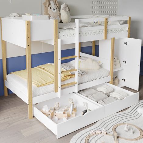 MODFU Struttura letto a castello, letti per bambini 90x200cm con 2 cassetti 2 mobili contenitori, legno e MDF, bianco/naturale (1/5)