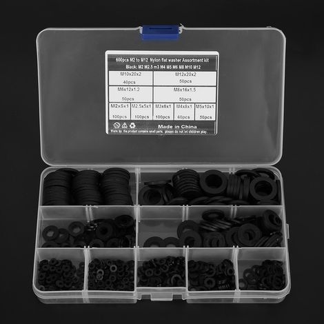 600-teiliges Set schwarzer Nylon-Unterlegscheiben und Dichtungen, M2-M12, 9 Größen, Hardware-Zubehör (1/5)