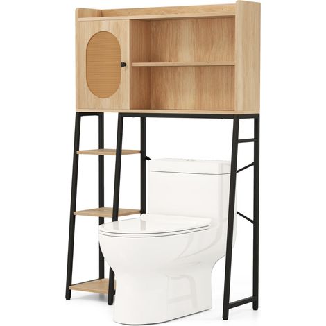 Armario para inodoro que ahorra espacio de 89 x 29 x 139 cm con almacenamiento flexible y puerta de ratán PE natural 200010221