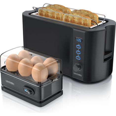 Arendo - Set Toaster FRUKOST mit Eierkocher SIXCOOK Edelstahl Schwarz, Toaster 4 Scheiben, LED-Display, 6 Bräunungsgrade, Brötchenhalter - Eierkocher (1/5)