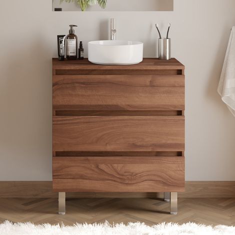 Meuble de salle de bain 60cm avec plateau et vasque à poser ronde - 3 tiroirs - sans miroir - noyer (bois foncé) - MAYOR