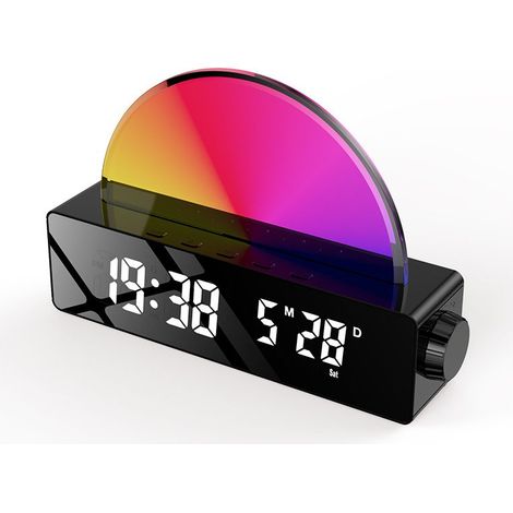 Beleuchteter Wecker, Sonnenaufgangssimulation, Schlummerfunktion/6 Alarme/10 Schlafgeräusche/Timer/Temperaturanzeige, Stimmungslicht mit 7 wechselnden Farben, Ladeanschluss (1/4)