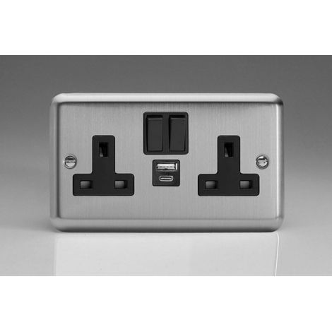 Varilight 2-Gang 13A Socket with USB Ports - Matt Chrome