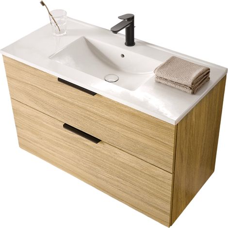 BERNSTEIN - Mobile lavabo da bagno beige 100x46x62cm (LxPxA) 2 cassetti, maniglie nero opaco - TIM100 Rovere grigio nebbia, Nero opaco (1/5)