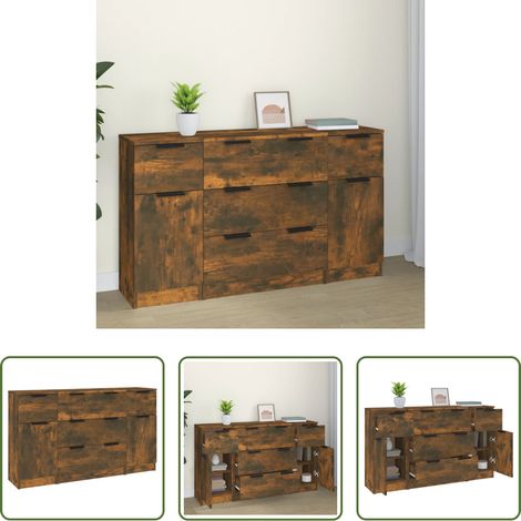 vidaXL Holzkommode - 3-tlg. Sideboard-Set Räuchereiche Holzwerkstoff (1/5)