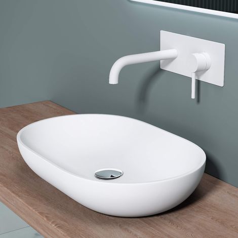 doporro Lavabo da Appoggio, Lavandino Bagno 54x34x10.5cm, Lavabo Ovale da Minerale Fuso Colossum808, Biano Opaco (1/5)