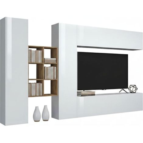 Dmora - Pared Equipada Dcaldar, Conjunto de salón Mueble TV con 4 puertas, Mueble de salón polivalente, 100% Made in Italy, cm 280x30h180, Blanco brillo y Arce